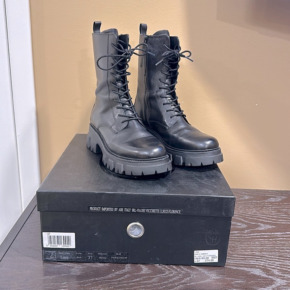 Ash Black Liam Leather Women's Mid-Calf Side Zip Combat Boots USA 6.5 /37 in Box